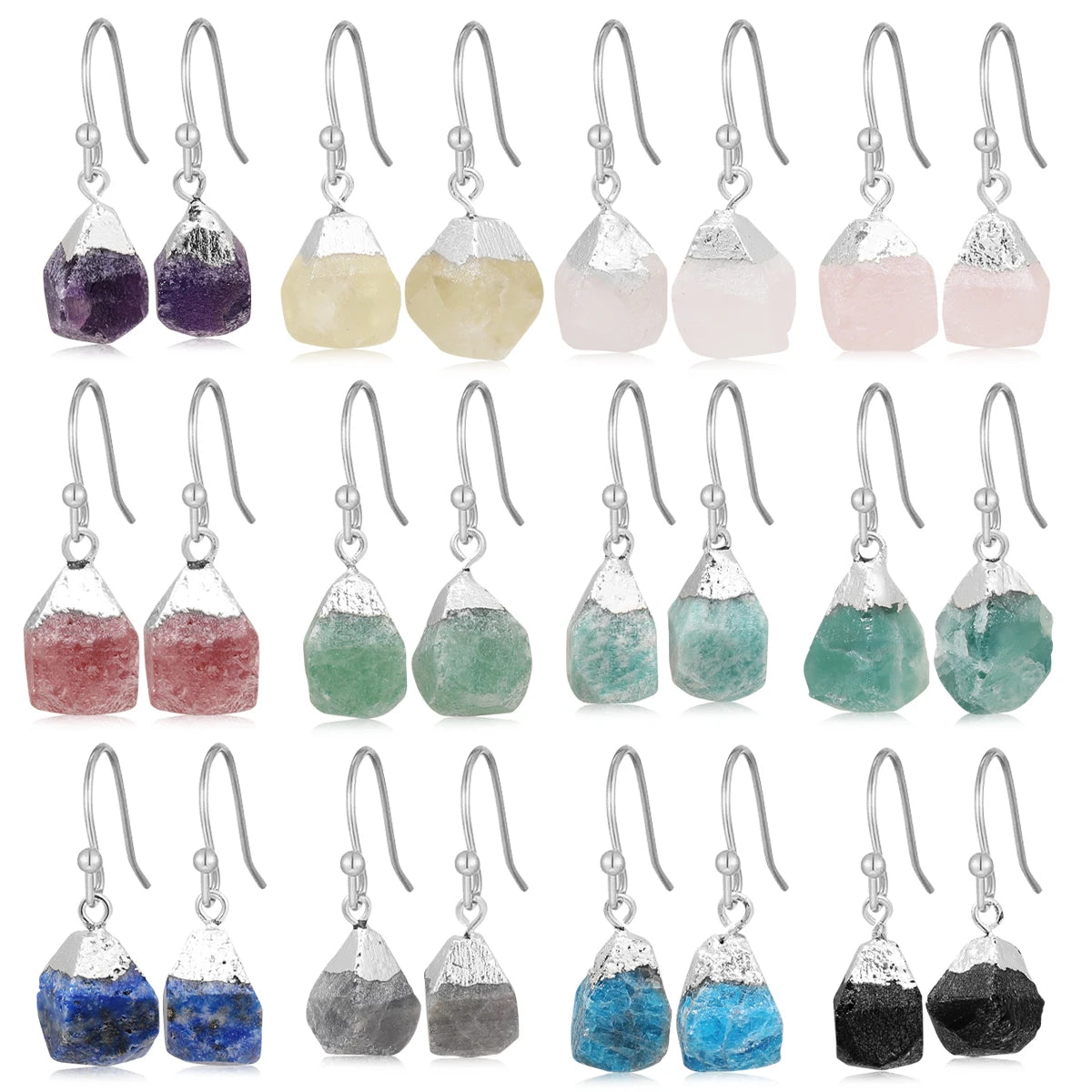Irregular Rough Raw Ore Natural Stone Earrings Fluorite Amethysts Quartz Crystal Agates Stainless Steel Hook Earrings