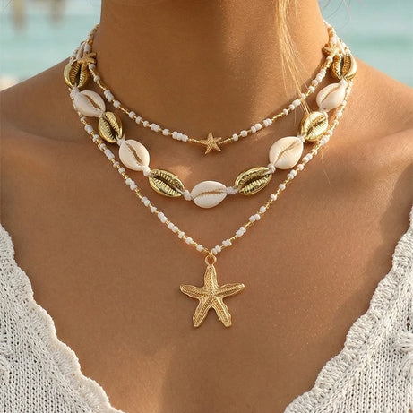 Three Layered Cowrie Shell and Starfish Boho Necklace