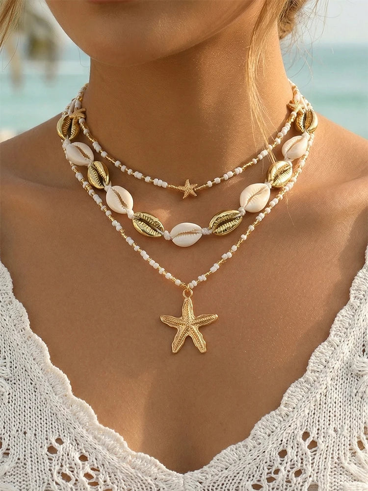 Women's Boho 3 Layered Cowrie Shell Starfish Beaded Necklace Summer Beach Festival Vacation Gift Fashion Jewelry Accessory