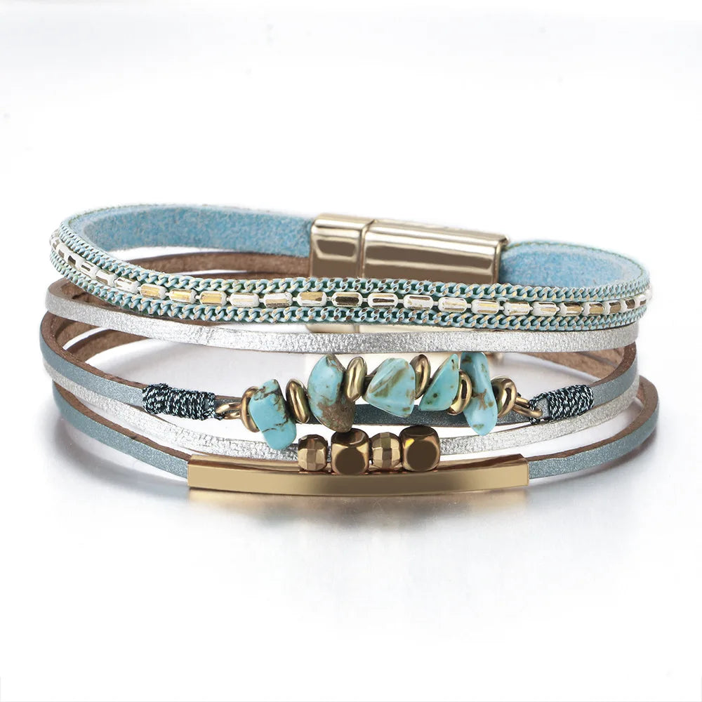Boho Ethnic Leather Bracelet Irregular Natural Stone Beaded Cuff Bangle for Women Retro Layered Wristwear Hand Jewelry Accessory