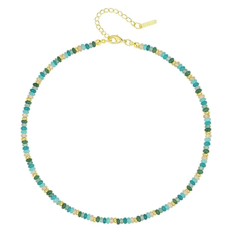 Colorful Boho Natural Stone Surfer Beach Choker 6mm Beaded Gemstone Necklace for Women 14K Gold Plated Handmade Jewelry