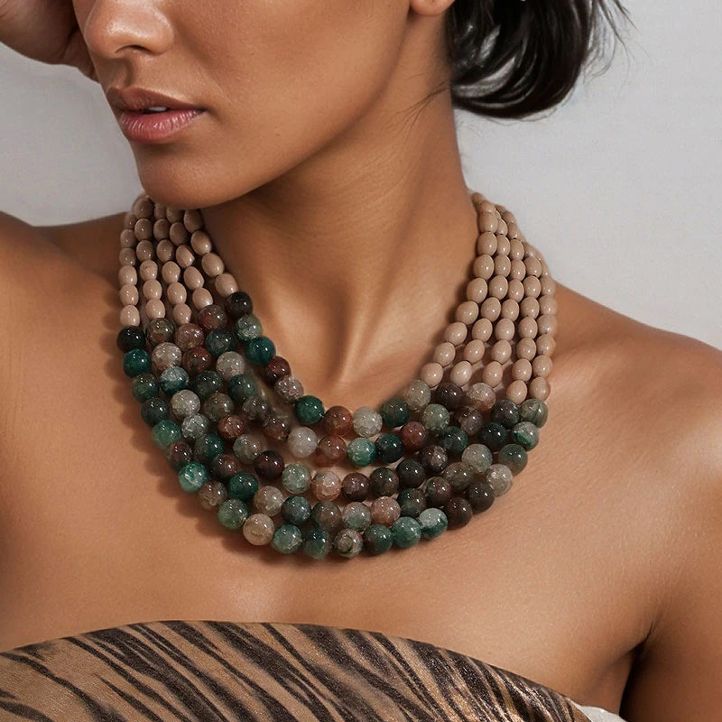 Gradient Bead Multilayer Statement Necklace Jewelry
