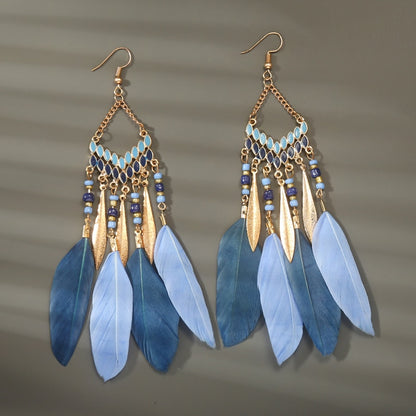 Boho Long Feather Dangle Women&#39;s Earrings Beach Long Tassel Beads Handmade Flower Enamel Earrings Bride Wedding Pendientes Mujer