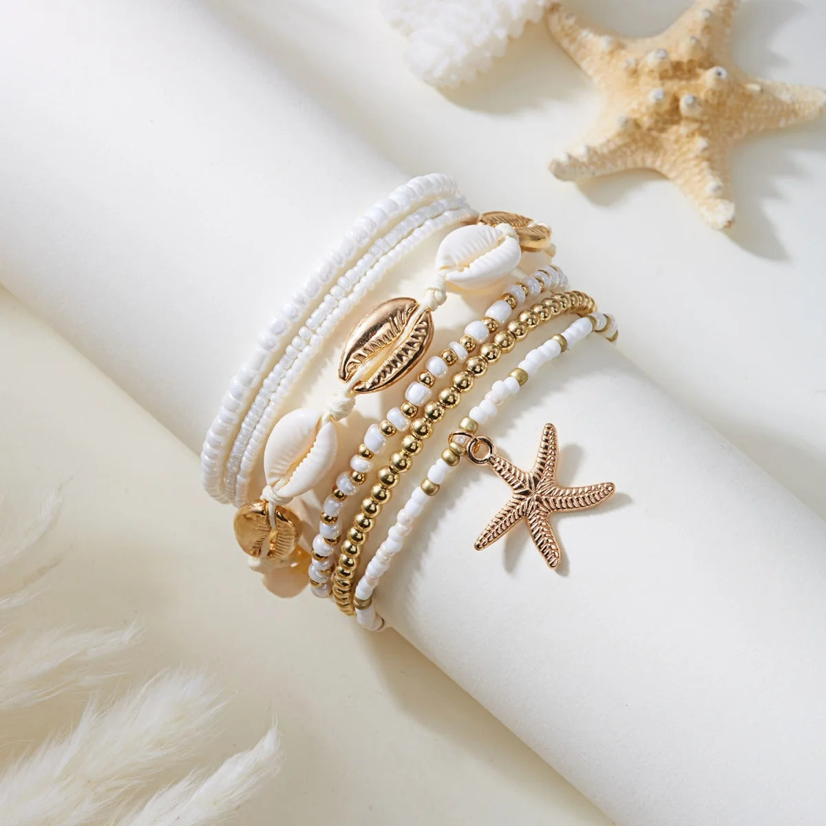 Multilayer Metal Starfish Tassel Shell Rice Beads Anklet Set For Women Men Boho Beach Vacation Foot Chain Ankle Bracelet Jewelry