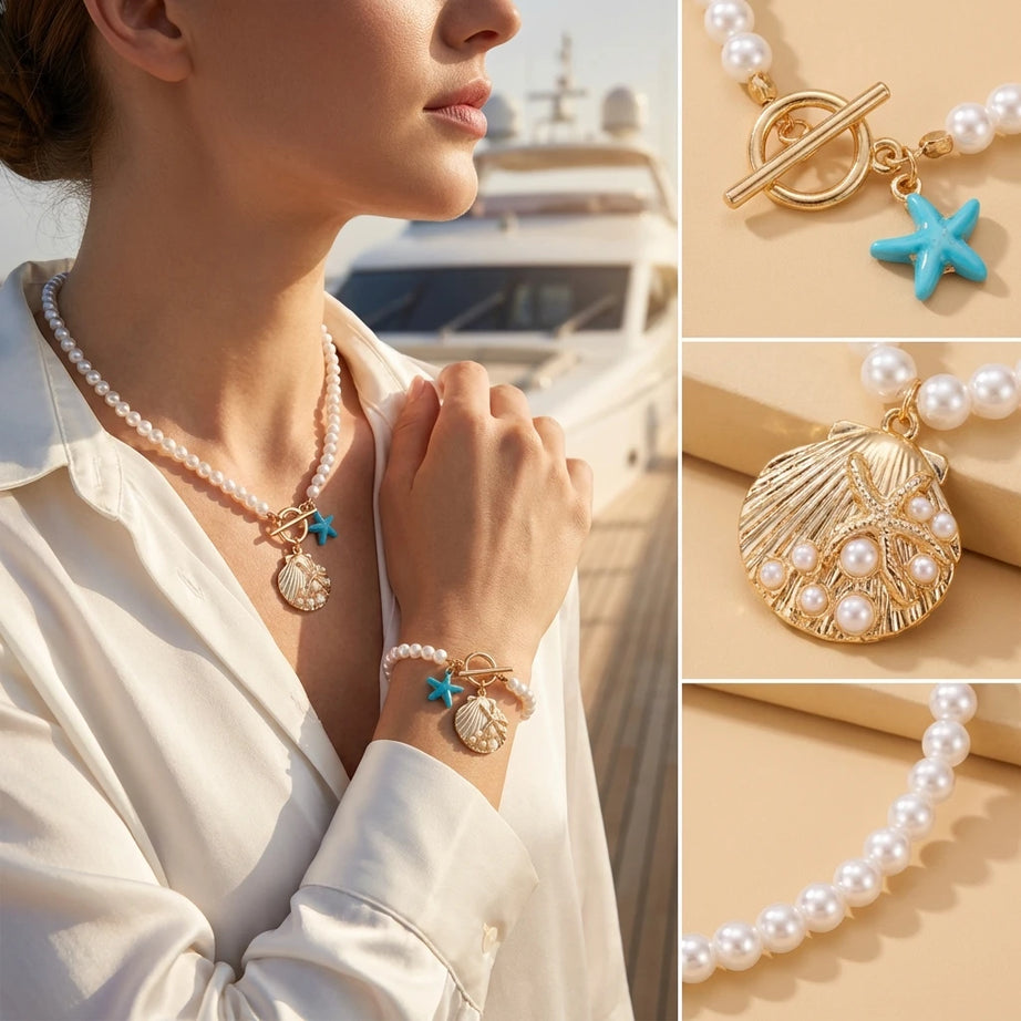 Blue Starfish and Scallop Shell Layered Choker Necklace