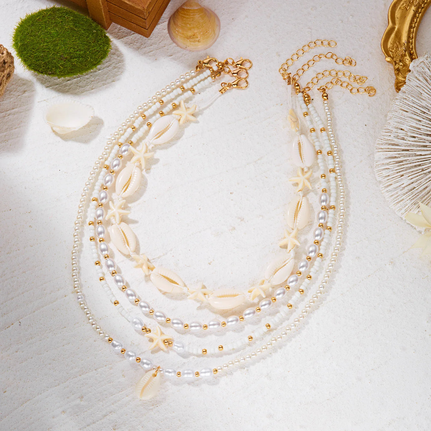Dainty Shell, Starfish and Rice Bead Layered Clavicle Necklace