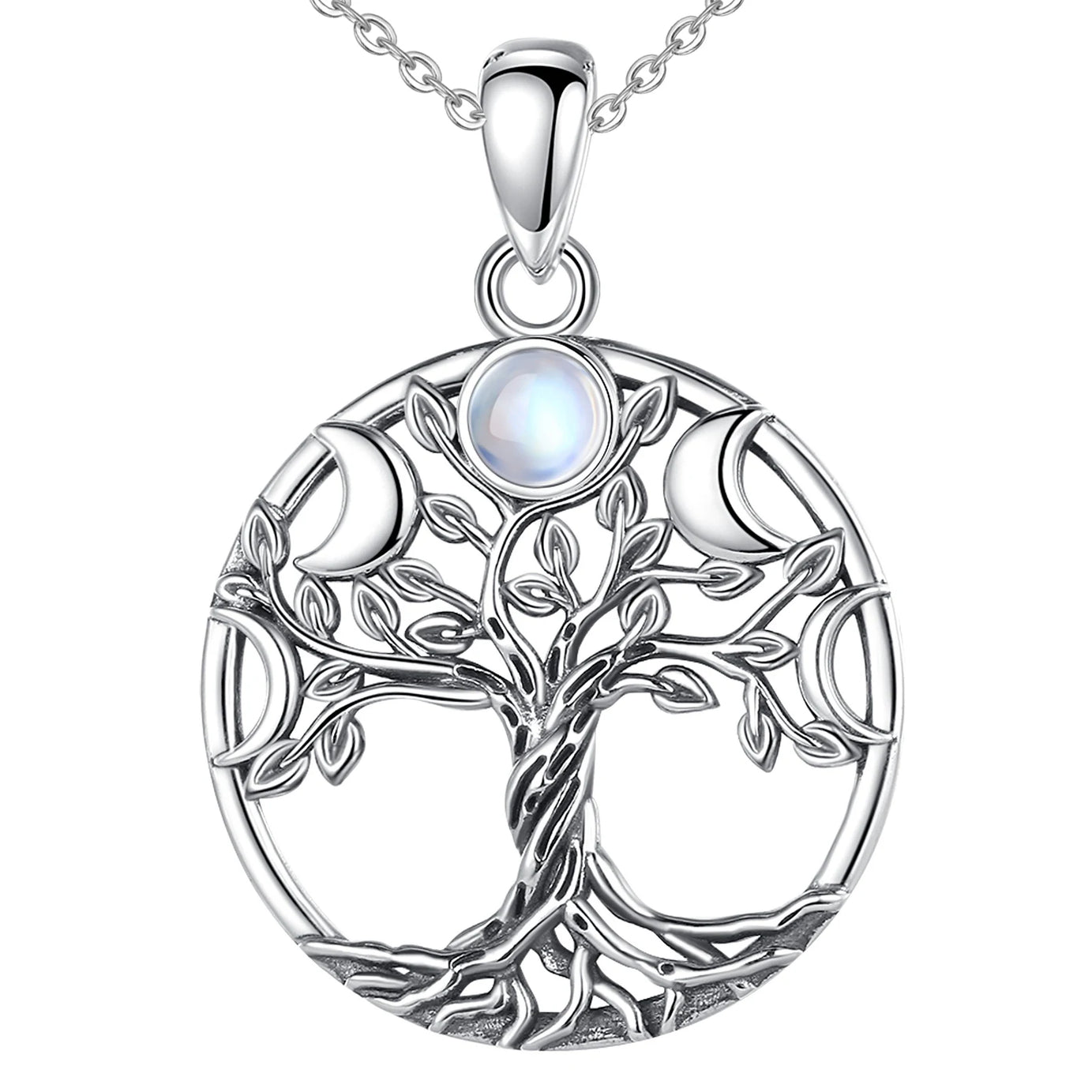 S925 Sterling Silver Tree of Life Moon Phase Necklace, Triple Moon Goddess Moonstone Amulet