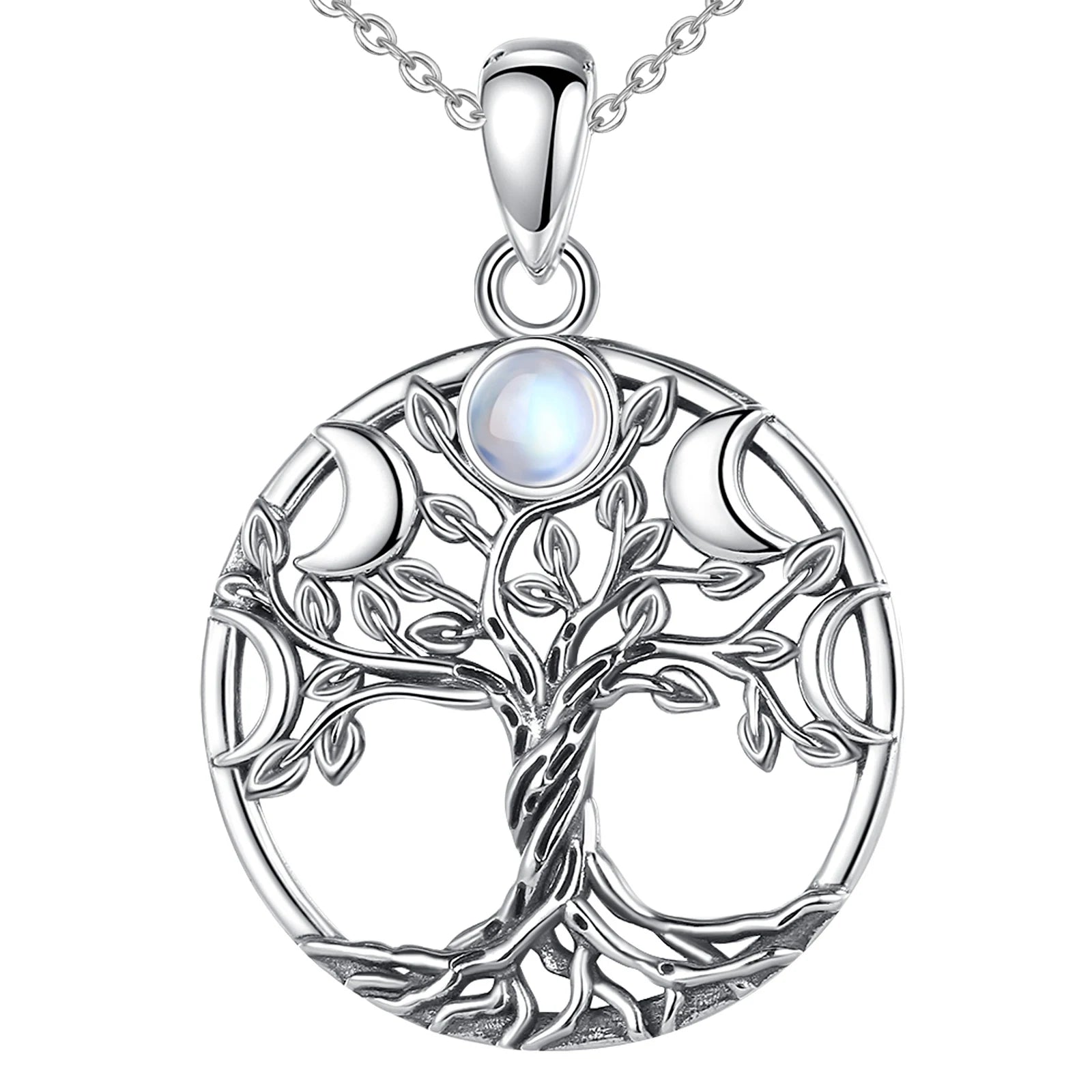 Eudora 925 Sterling Silver Tree of Life Necklace for Women Man Moon Phase Tree Triple Moon Goddess Pendant Wiccan Jewelry Gift