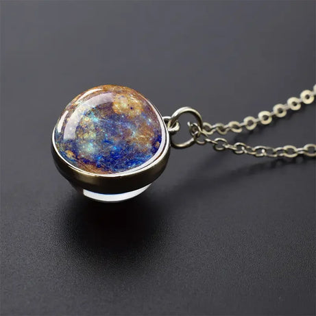 Double-Sided Galaxy Planet Glass Ball Pendant Necklace, Sun Moon Mars Cosmic Talisman