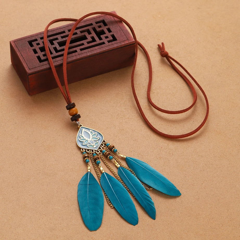 Rope Bead Feather Pendant Long Necklace Jewelry