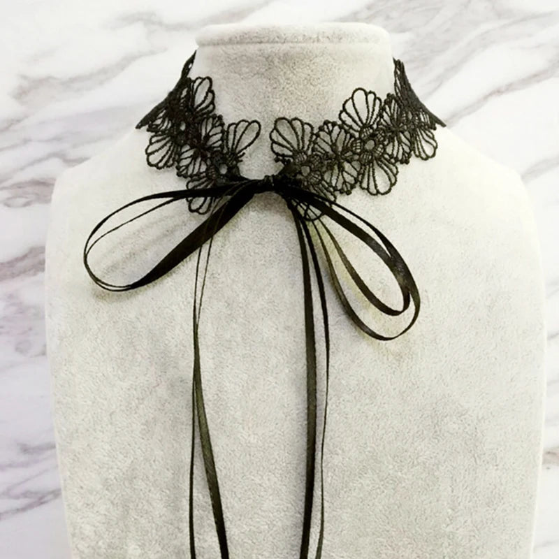 Black Lace Choker For Women Girls Gothic Bowknot Choker With Long Ribbon Lolita Clavicle Chain Necklace Halloween Jewelry Gift - Charlie Dolly