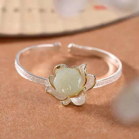 Natural Hotan Jade Lotus Flower Jewelry Set, Necklace Ring Bracelet Hairpin Boutique