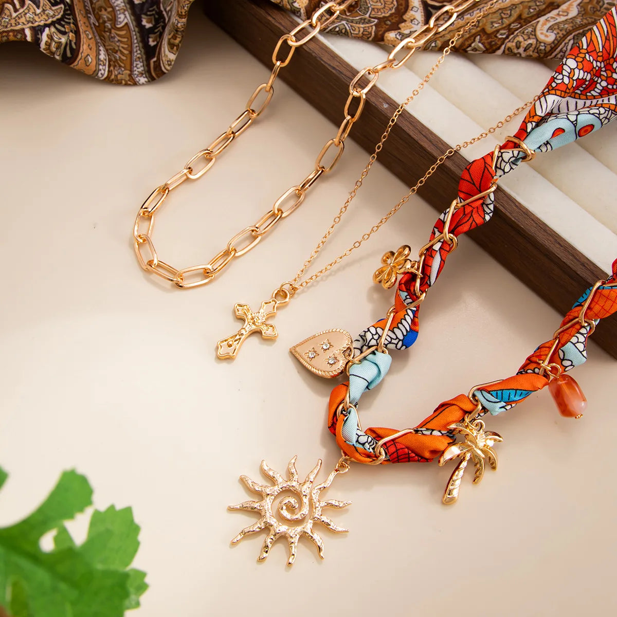 Cross Sun Coconut Tree Layered Necklace Jewelry