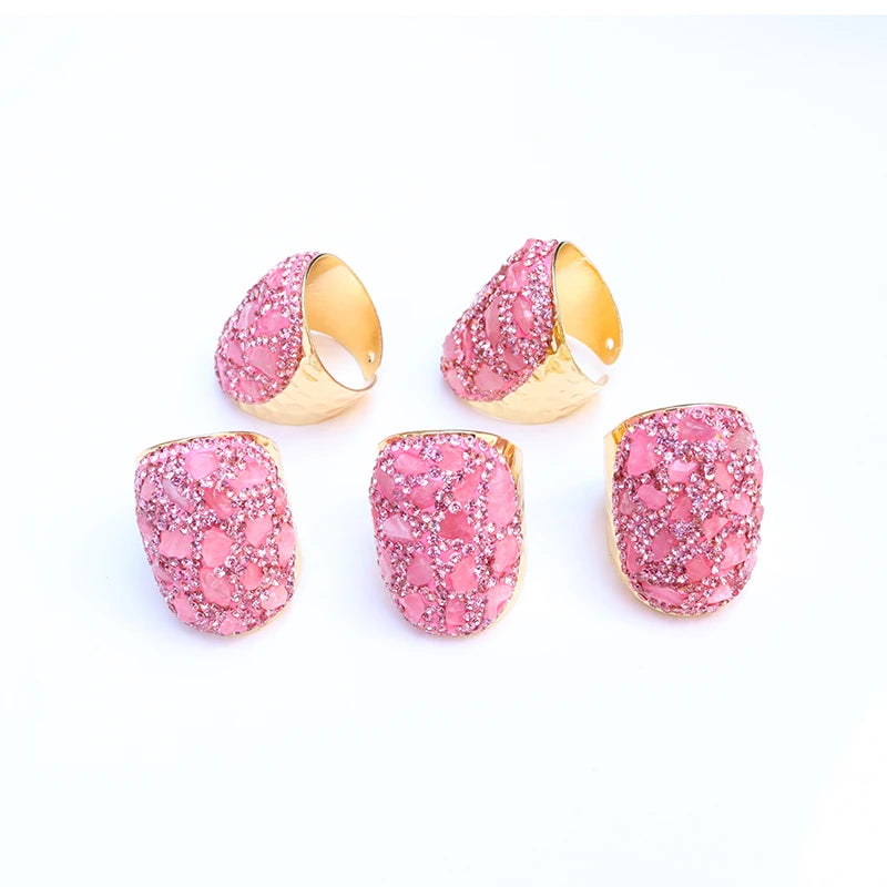 Irregular Natural Geode Stone Rings Agate Slices Wide Open Ring for Women Men Boho Resizable Finger Jewelry