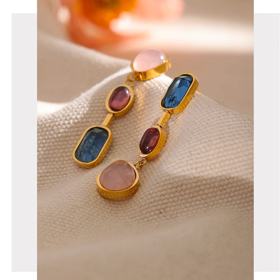 Natural Stone Geometric Gold Drop Earrings Jewelry