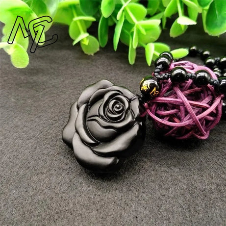 Natural Obsidian Rose Flower Pendant, Hand-Carved Lucky Amulet