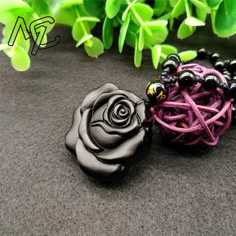 Natural Obsidian Cute Rose Flower Pendant Necklace Man Exquisito Jewellery Fashion Accessories Hand-Carved Luck Amulet Gifts