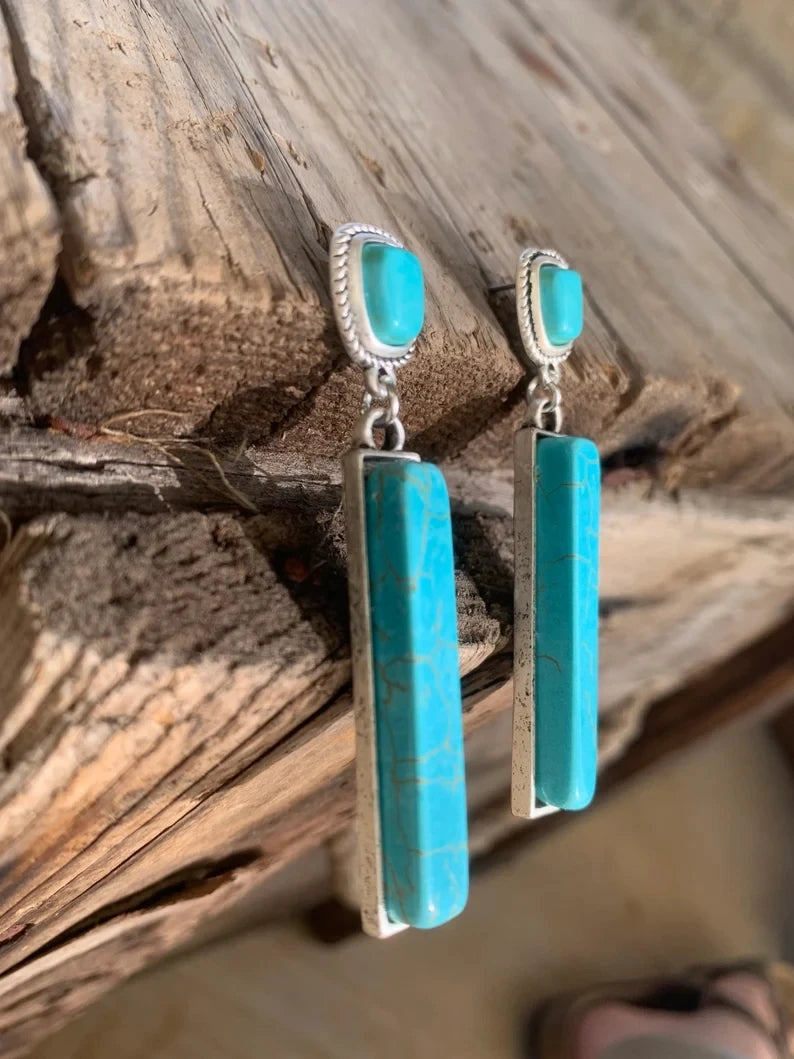 Retro Bohemian Rectangular Lapis Lazuli earrings, Fashionable Bluestone pendant, women's Jewelry Accessories