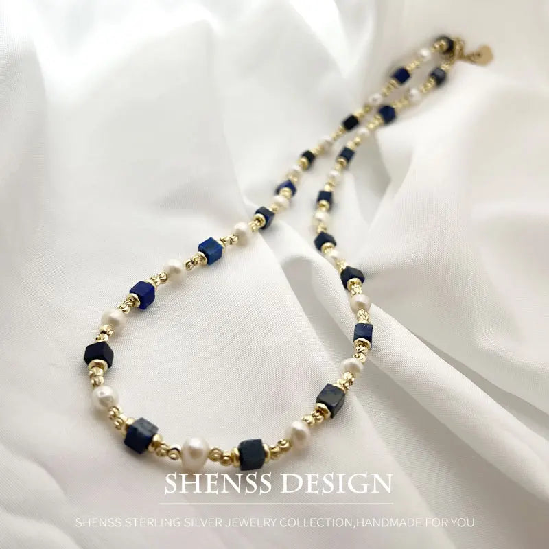 Natural Freshwater Pearl Necklace 4X4 lapis lazuli Bracelet Earring Plated 14K Gold Accessories