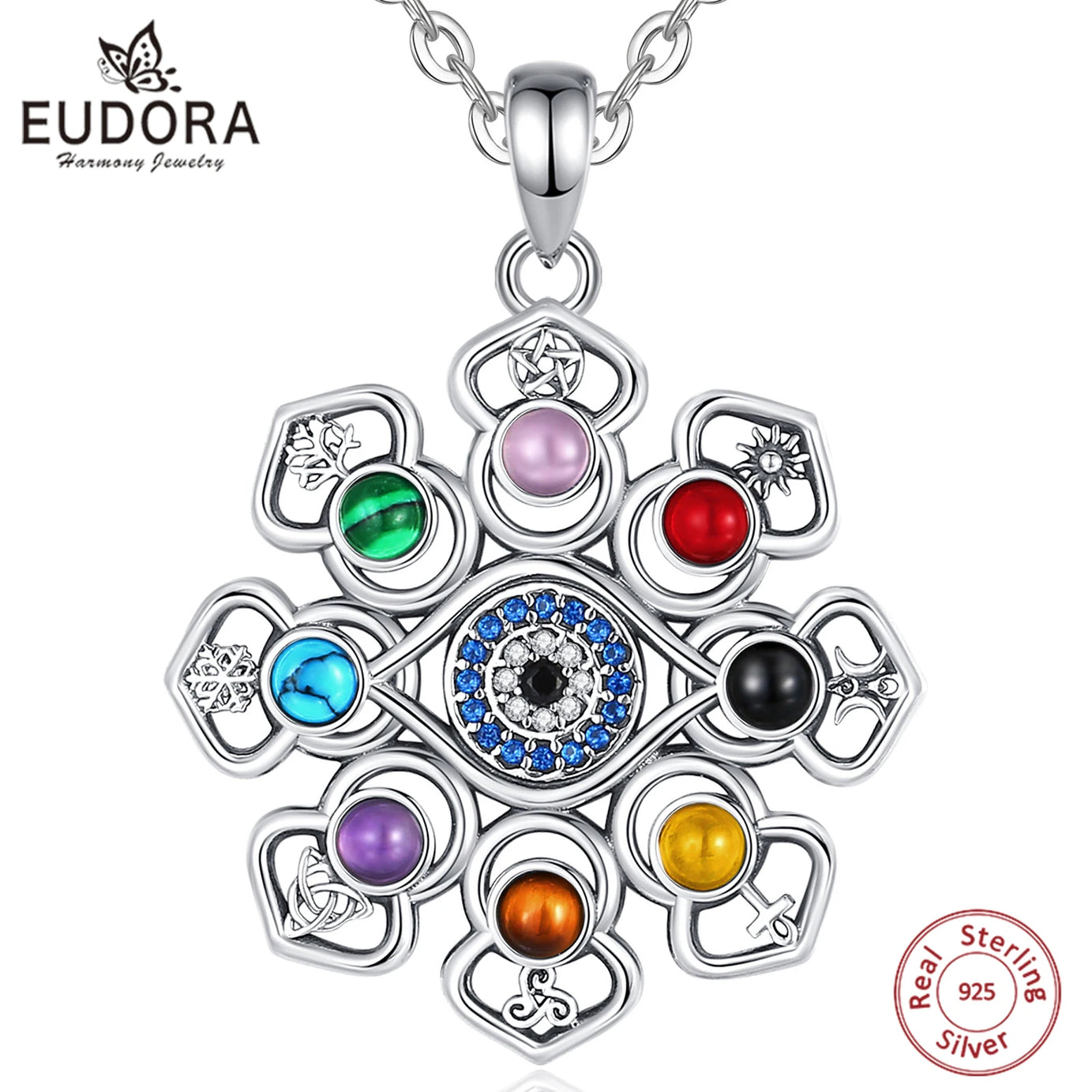 S925 Silver Lotus, Evil Eye & Pentagram Pendant, Sacred Protection Amulet
