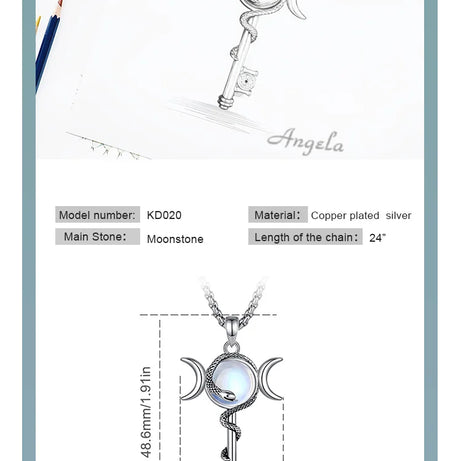 Hecate Key & Triple Moon Goddess Pendant with Moonstone, Sacred Witch Amulet
