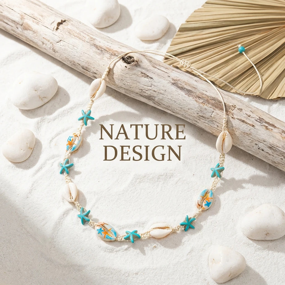Cowrie Shell Boho Choker with Blue Starfish Beads
