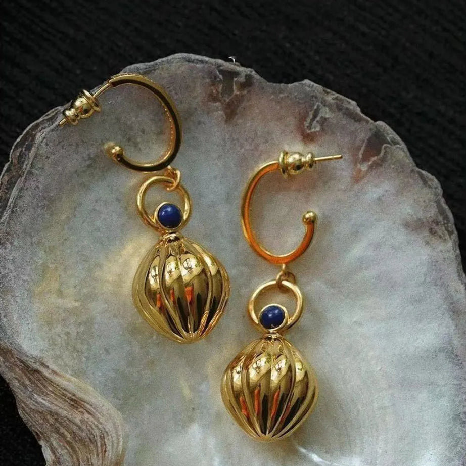 Nutmeg series original design retro artistic lapis lazuli earings long Ancient gold crafts glossy earrings for women jewelry - Charlie Dolly