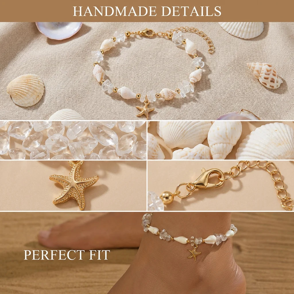Boho Cowrie Shell Anklet for Women Natural Crystal Stone Beads Gold Color Starfish Charm Foot Chain Summer Beach Jewelry Gift