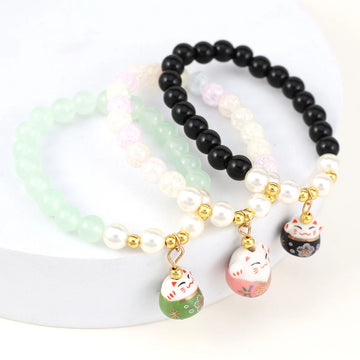 Boho Fortune Cat Charms Bracelet for Women 8mm Round Natural Stone 18cm Stretch Wire Couple Bracelet Jewelry Accessories Gifts