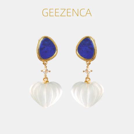 GEEZENCA 925 Silver Lapis Lazuli White Crystal Women's Drop Earrings 18K Gold Heart Waterdrop Dangle Earring Love Gift For Her - Charlie Dolly