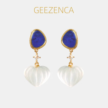 GEEZENCA 925 Silver Lapis Lazuli White Crystal Women's Drop Earrings 18K Gold Heart Waterdrop Dangle Earring Love Gift For Her