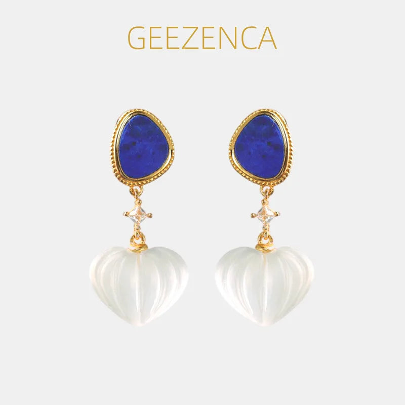 GEEZENCA 925 Silver Lapis Lazuli White Crystal Women's Drop Earrings 18K Gold Heart Waterdrop Dangle Earring Love Gift For Her