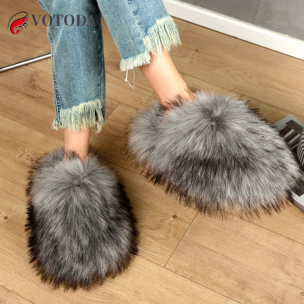 New Winter Women Fur Slippers Furry Raccoon Fox Fur Slides Faux Fur Plush Fuzzy Flip Flop Warm Fluffy Slipper Luxury Shoes Woman - Charlie Dolly