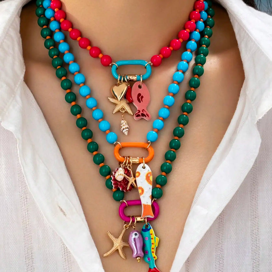 Fish Starfish Charm Resin Bead Layered Necklace Jewelry