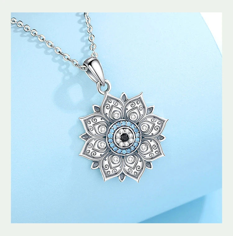 Eudora 925 Sterling Silver Lotus Evil Eye Necklace for Women Man Vintage Evil Eye Lotus Flower Pendant Personality Jewelry Gift