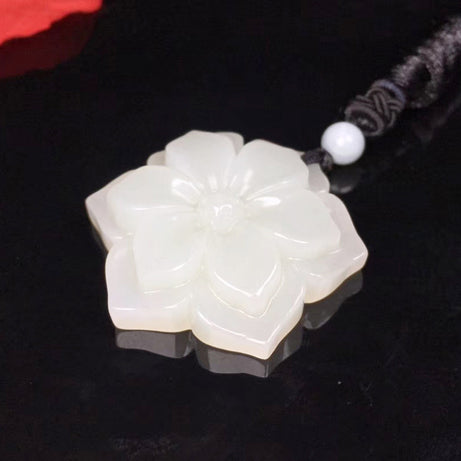 Natural White Jade Rich Flower Pendant Necklace, Hand-Carved Luxury Talisman