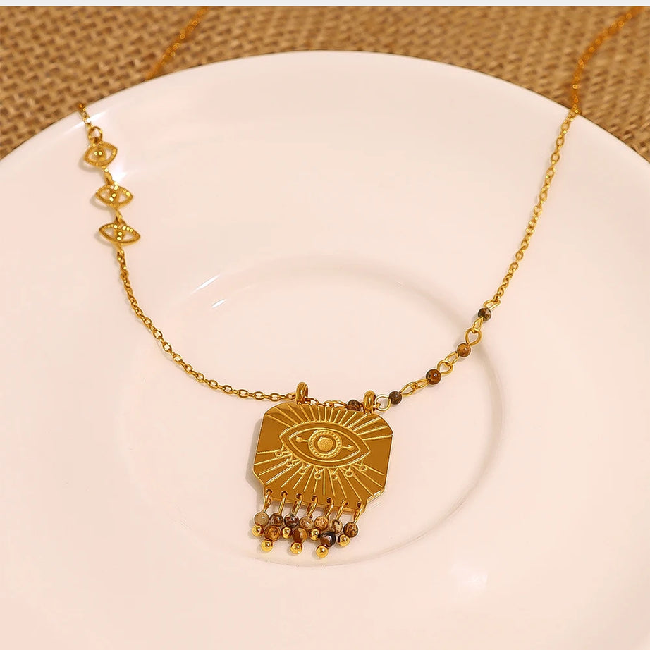 WILD & FREE Boho Natural Stone Charms Stainless Steel Pendant Necklace for Women Chic Retro Waterproof Trend Jewelry - Charlie Dolly