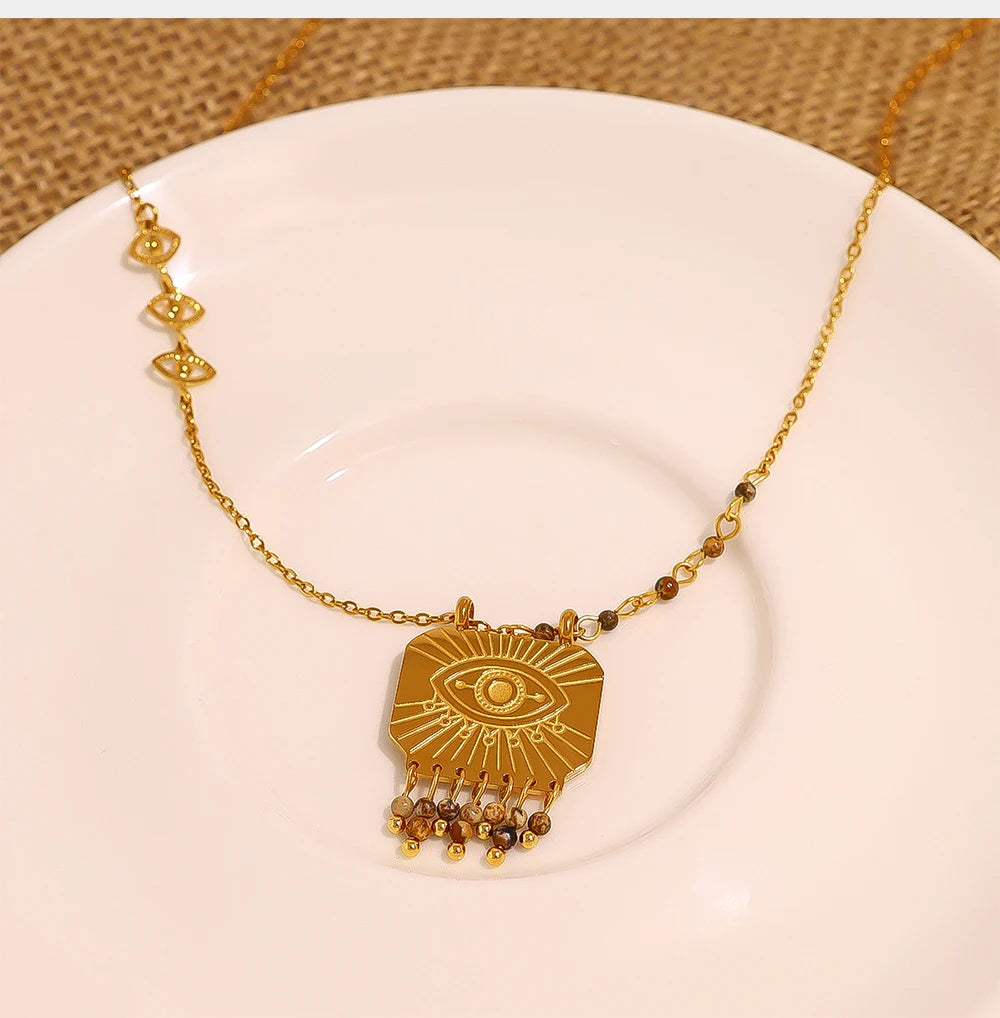 WILD & FREE Boho Natural Stone Charms Stainless Steel Pendant Necklace for Women Chic Retro Waterproof Trend Jewelry