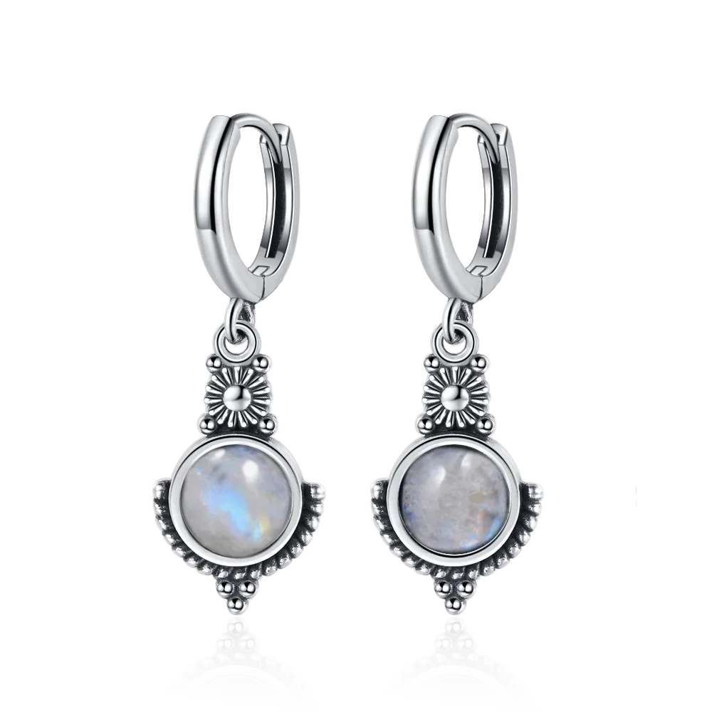 Natural Stone Sun Flower Hoop Earrings for Women, Vintage Antique Silver Turquoise Amethyst Labradorite Dangle Earring Wholesale