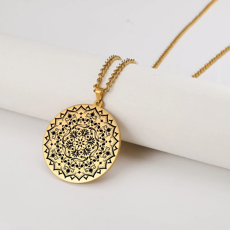 Lotus Chakra Mandala Pendant Necklace, Stainless Steel Buddhist Hindu Meditation Amulet