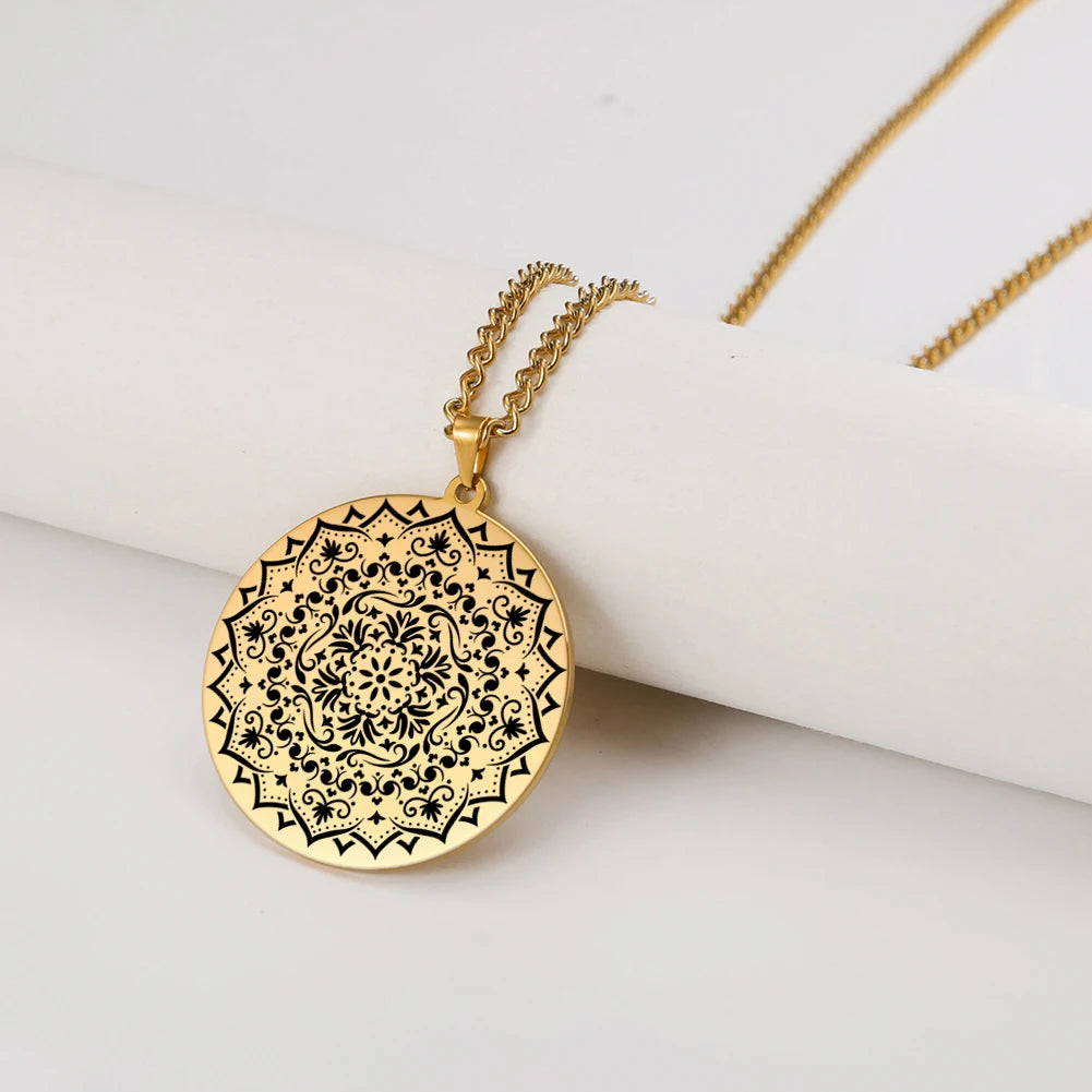 LIKGREAT Lotus Flower Chakra Mandala Pendant Necklace Stainless Steel Women Men Buddhism Hinduism Meditation Spiritual Jewelry