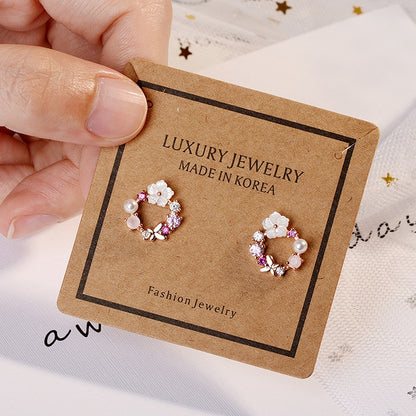 French Light Luxury Flower Butterfly Pearl Stud Earrings For Women Korean Zircon Exquisite Earring Party Christmas Jewelry Gift