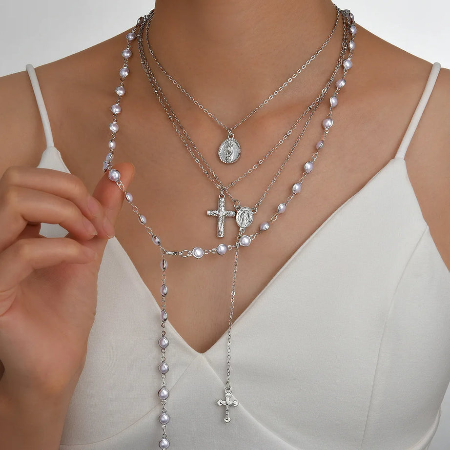 Silver Pearl Cross Pendant Layered Necklace Set Jewelry