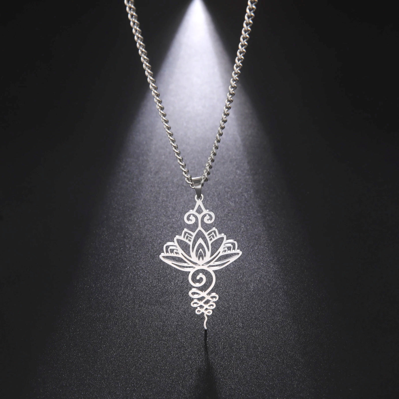 Lotus & Unalome Chakra Pendant, Stainless Steel Sacred Path Necklace