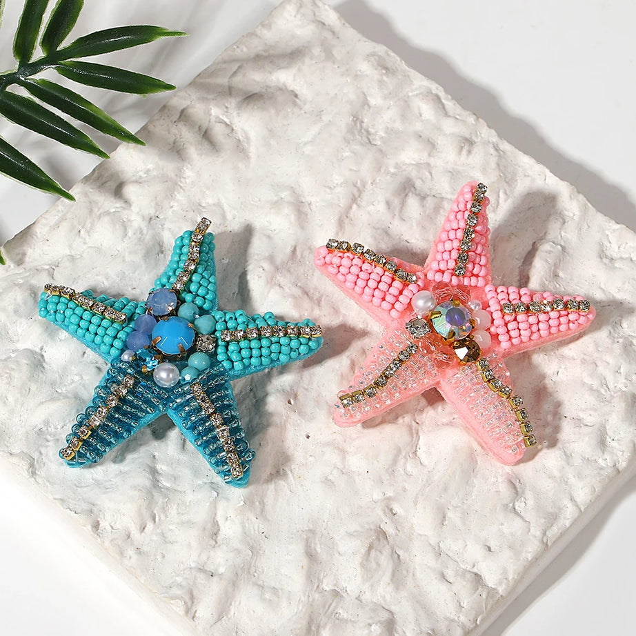 Boho Colorful Starfish, Lobster and Shell Beaded Brooch Pin