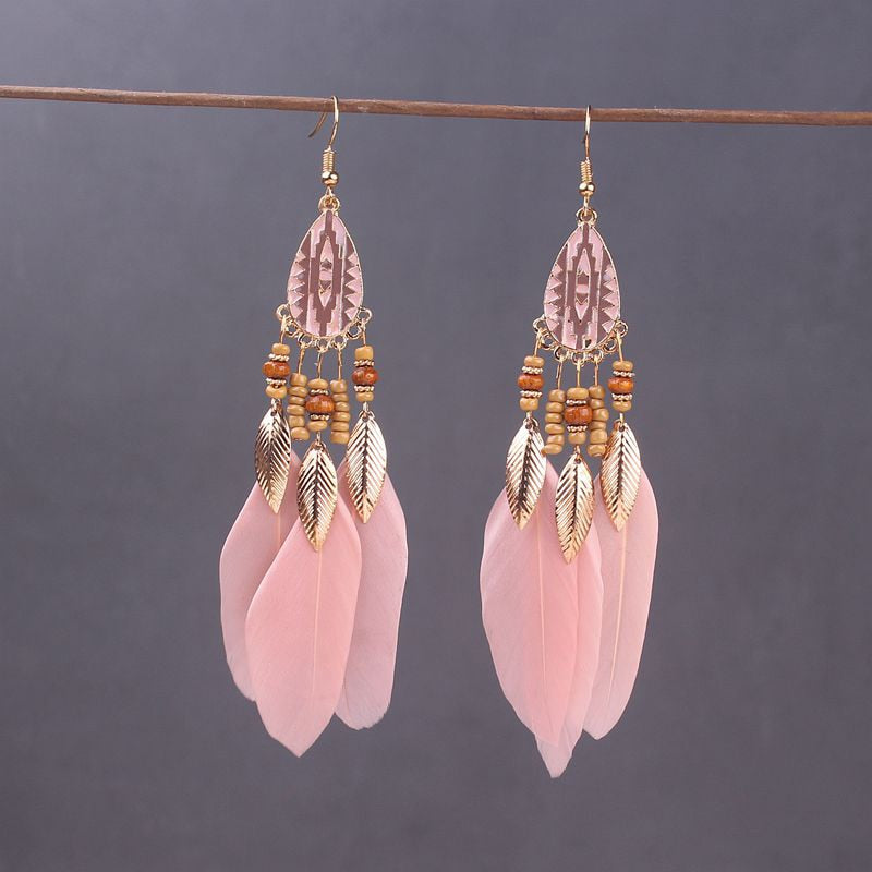 Boho Long Feather Dangle Women&#39;s Earrings Beach Long Tassel Beads Handmade Flower Enamel Earrings Bride Wedding Pendientes Mujer