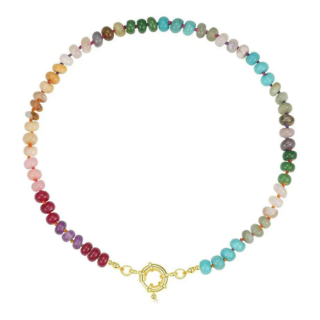 Colorful Boho Natural Stone Surfer Beach Choker 6mm Beaded Gemstone Necklace for Women 14K Gold Plated Handmade Jewelry - Charlie Dolly