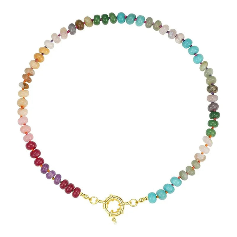 Colorful Boho Natural Stone Surfer Beach Choker 6mm Beaded Gemstone Necklace for Women 14K Gold Plated Handmade Jewelry