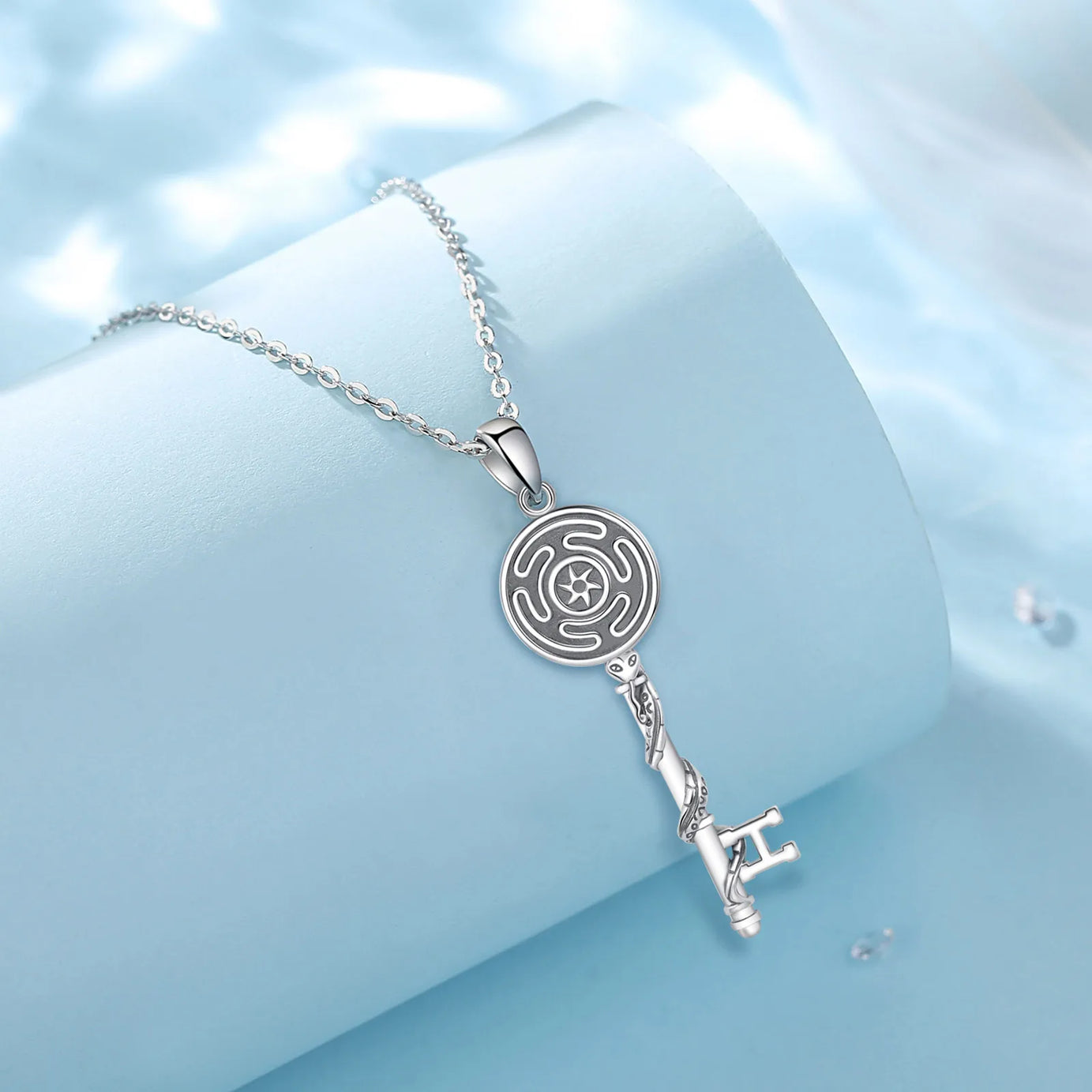 S925 Sterling Silver Hecate Wheel, Snake & Key Pendant Necklace, Triple Goddess Witch Pagan Amulet
