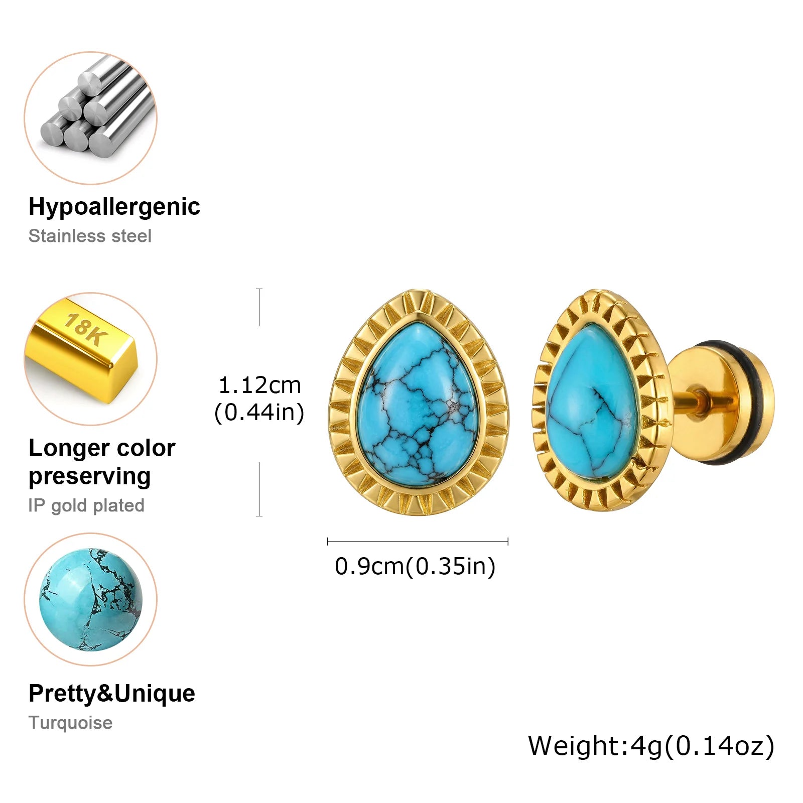 Vintage Water Drop Shaped Blue Natural Stone Stud Earrings Natural Turquoise Stainless Steel Earrings for Women Boho Jewelry